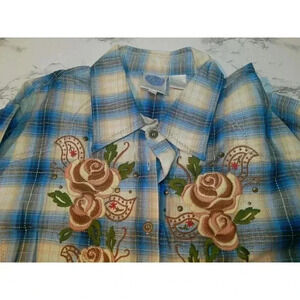 Diane Gilman western style long sleeve blouse with floral embroidery Size 1X